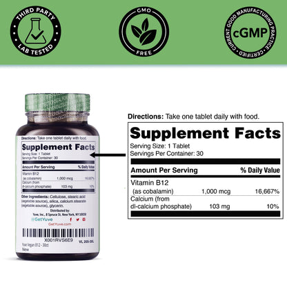 Lado del envase Yuve Vegan B12 tabletas 1000 mcg para memoria y energía