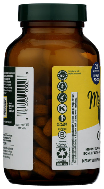 Lado del frasco MEGAFOOD mostrando la etiqueta y tabletas