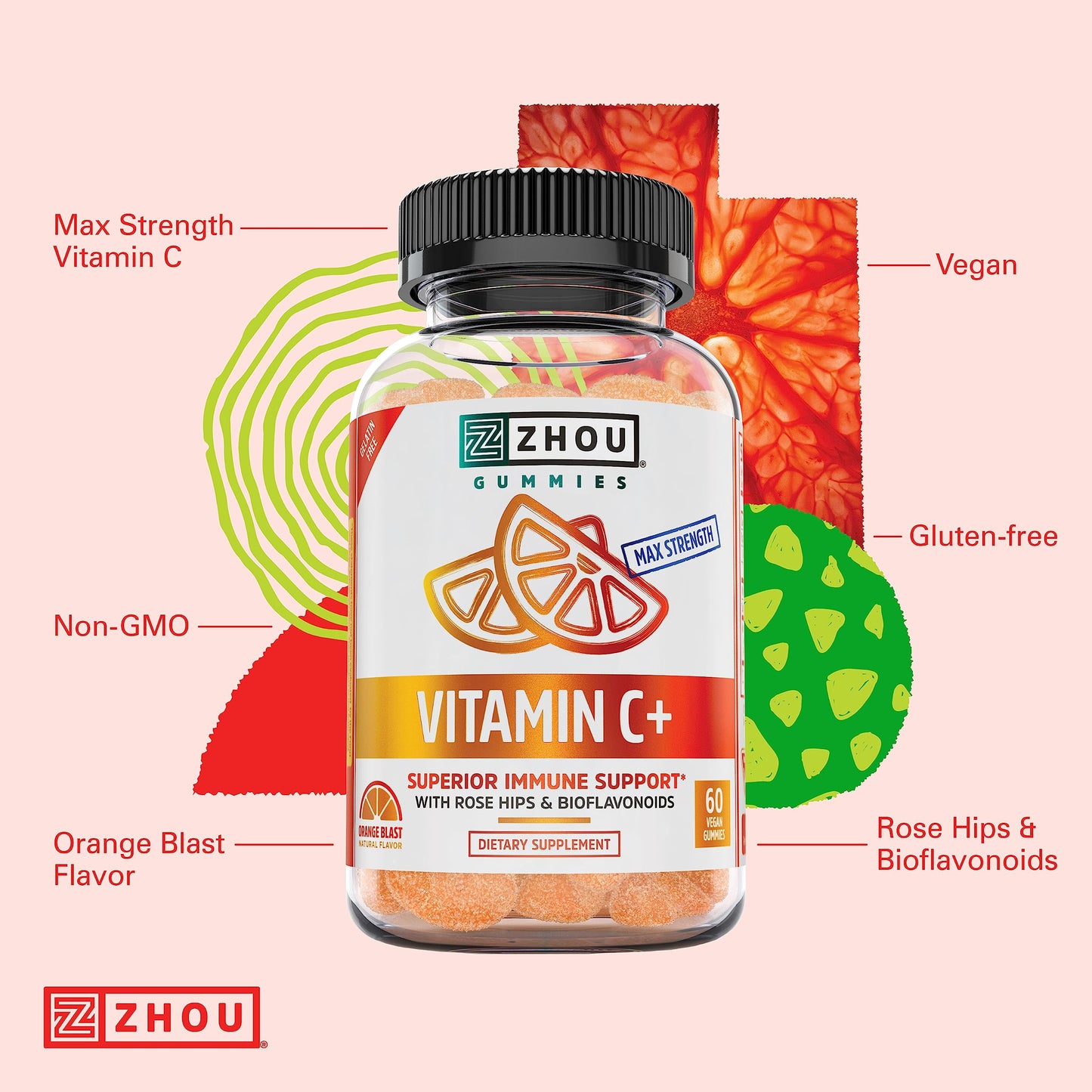 Lado del paquete gomitas vitamina c+ Zhou Nutrition