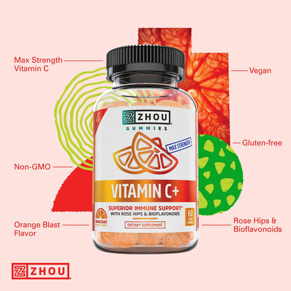 Lado del paquete gomitas vitamina c+ Zhou Nutrition