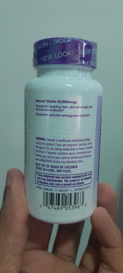 Lado posterior envase Natrol Biotin Max 10000mcg