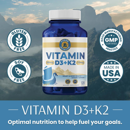 Lado botella Vykee Nutrition D3 K2 suplemento huesos corazón