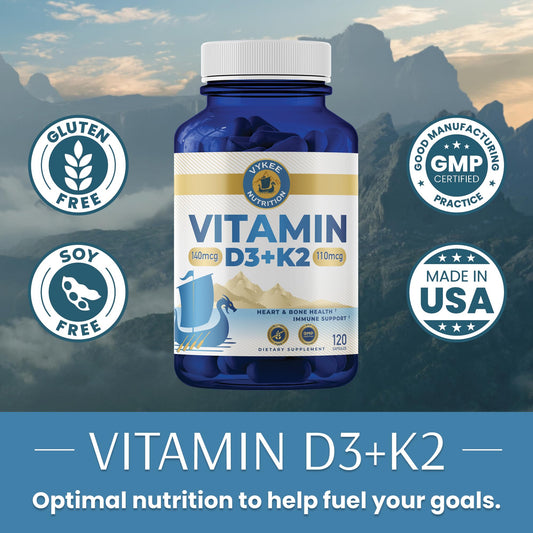 Lado botella Vykee Nutrition D3 K2 suplemento huesos corazón