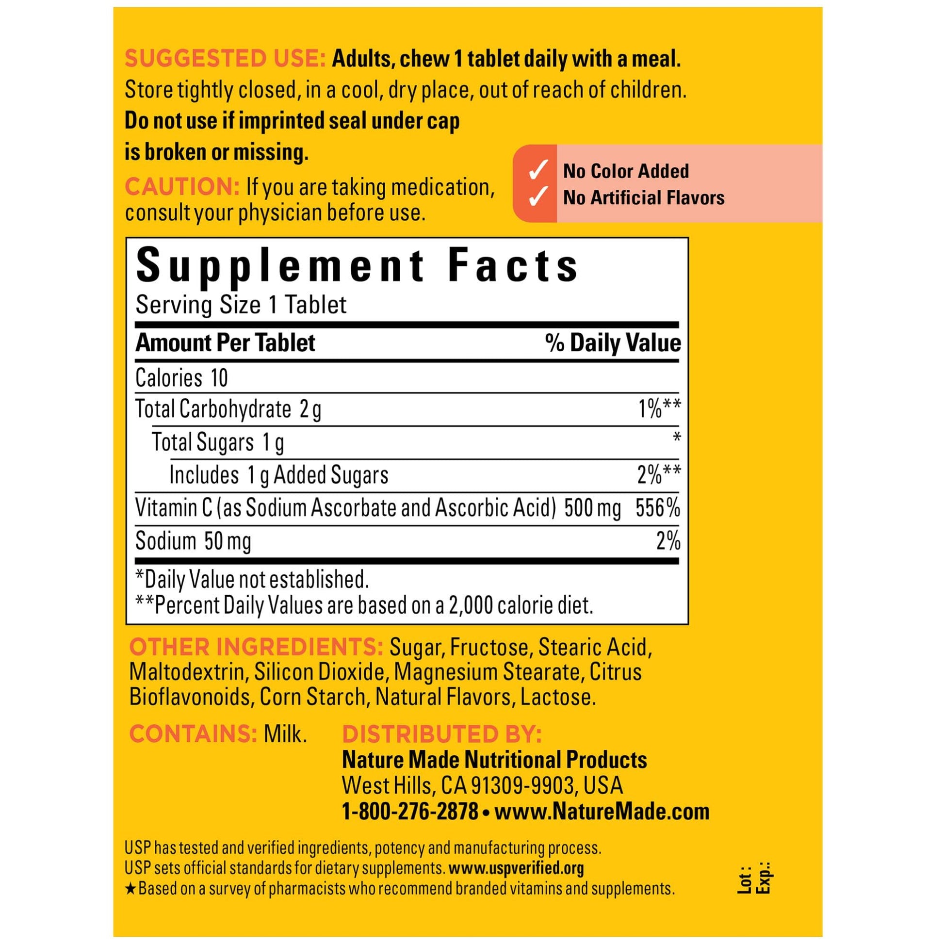 Imagen lateral del frasco Nature Made vitamina C 500 mg.