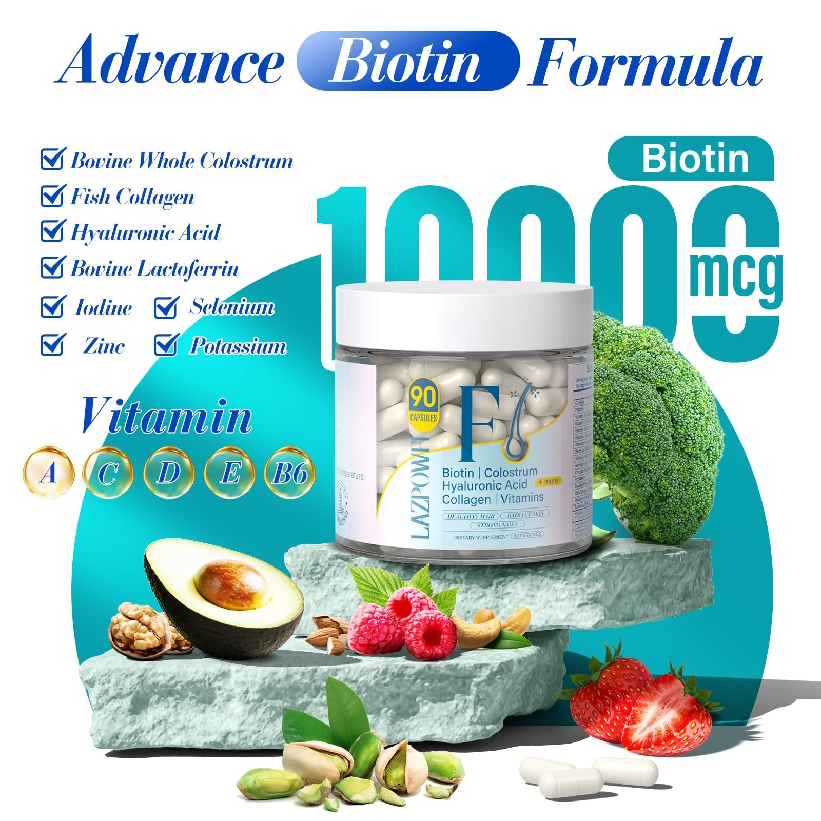 Etiqueta suplemento Lazpowfi vitaminas biotina y colágeno