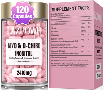 Frasco de suplemento Lazpowfi Inositol 40:1 para equilibrio hormonal