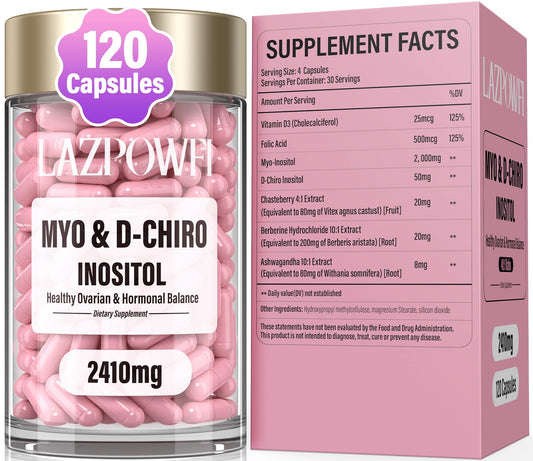 Frasco de suplemento Lazpowfi Inositol 40:1 para equilibrio hormonal