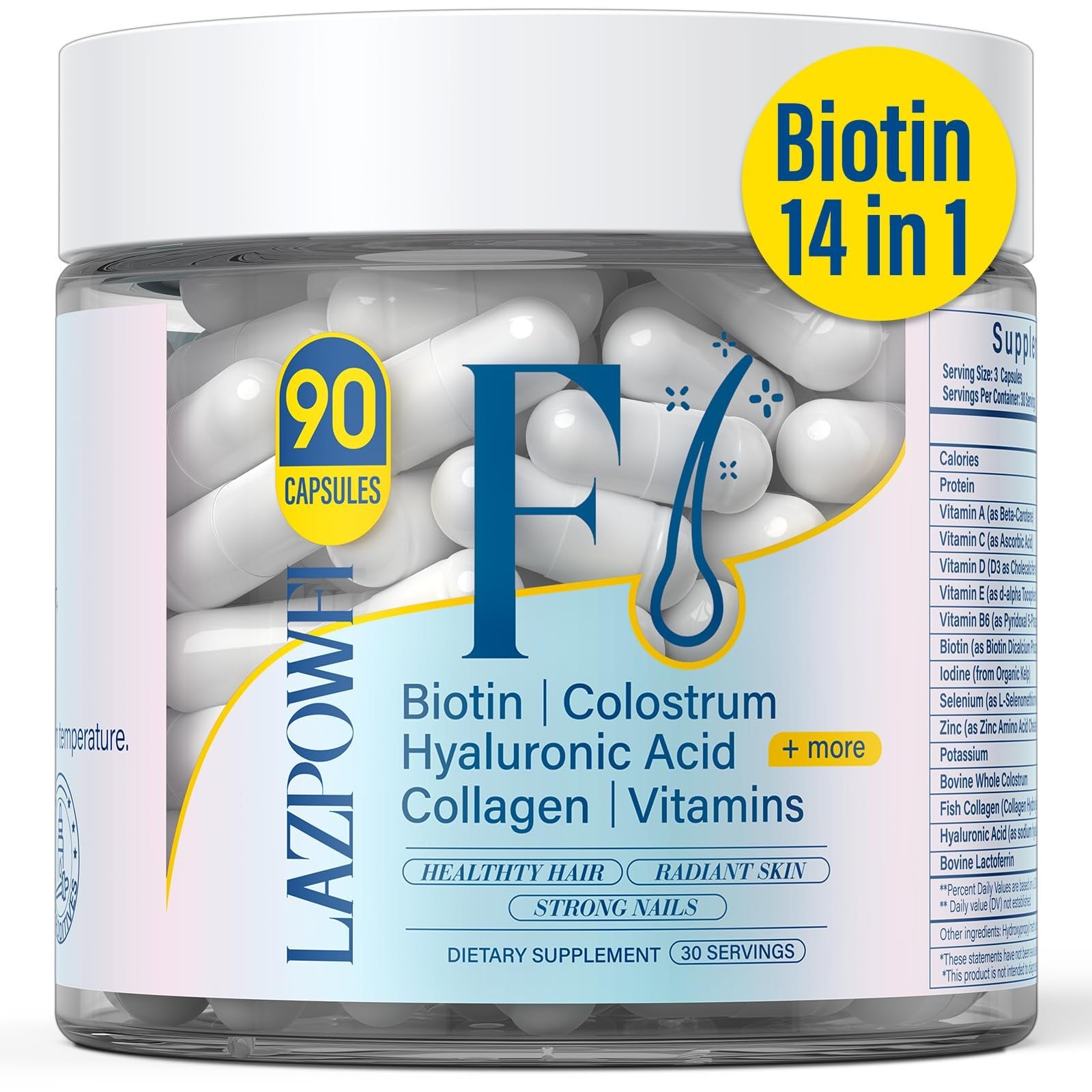 Botella vitaminas Lazpowfi para cabello, piel y uñas 90 cápsulas