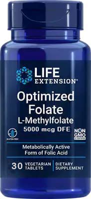 Frasco Life Extension Folato Optimizado 5000 mcg 30 tabletas vegetarianas