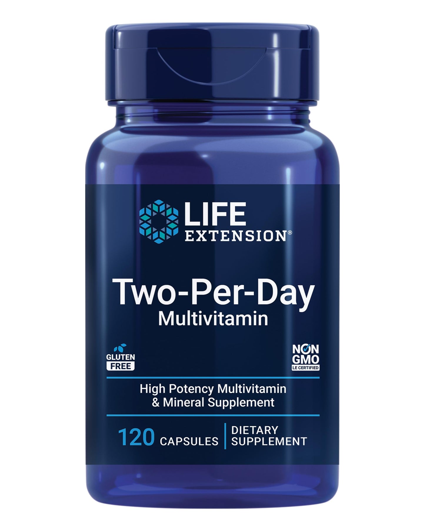 Frasco de Life Extension Multivitamínico Two-Per-Day, suplemento de vitaminas.