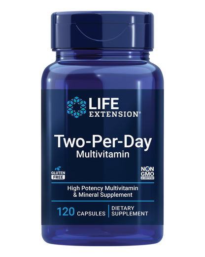 Frasco de Life Extension Multivitamínico Two-Per-Day, suplemento de vitaminas.