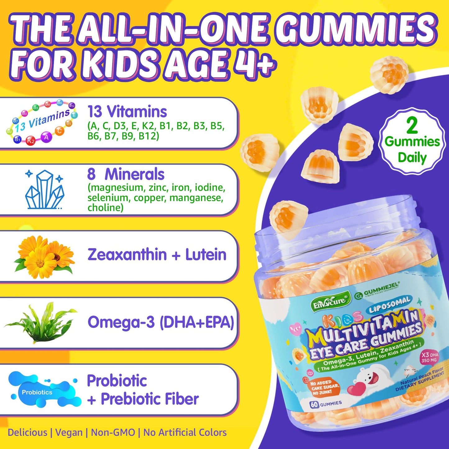 Liposomal delivery enhanced multivitamin gummies with DHA and EPA.