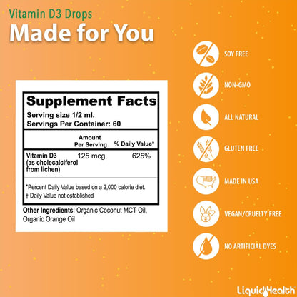 LIQUIDHEALTH gotas vitamina D veganas orgánicas 5000 UI frasco