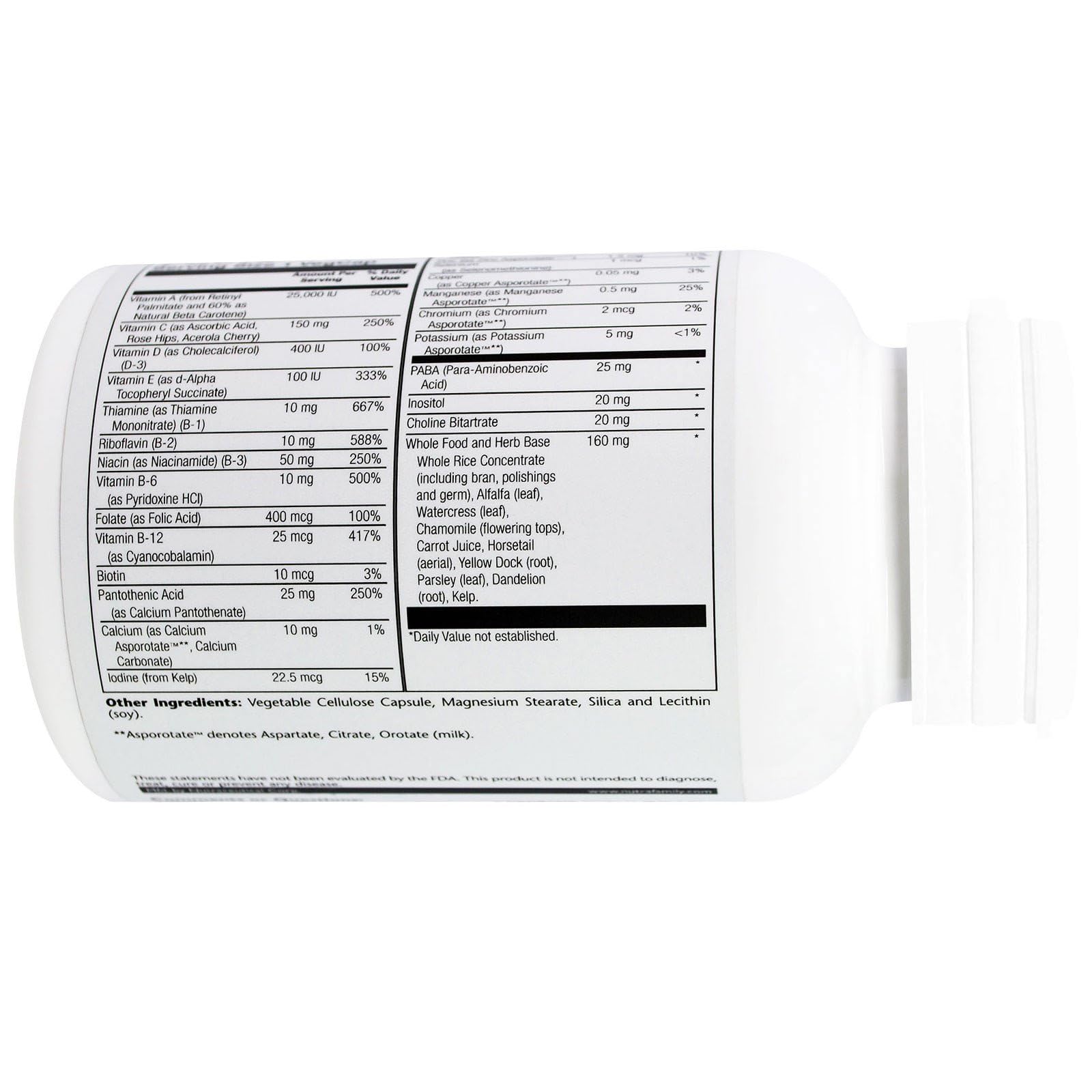 Lista de componentes del multivitamínico sin hierro
