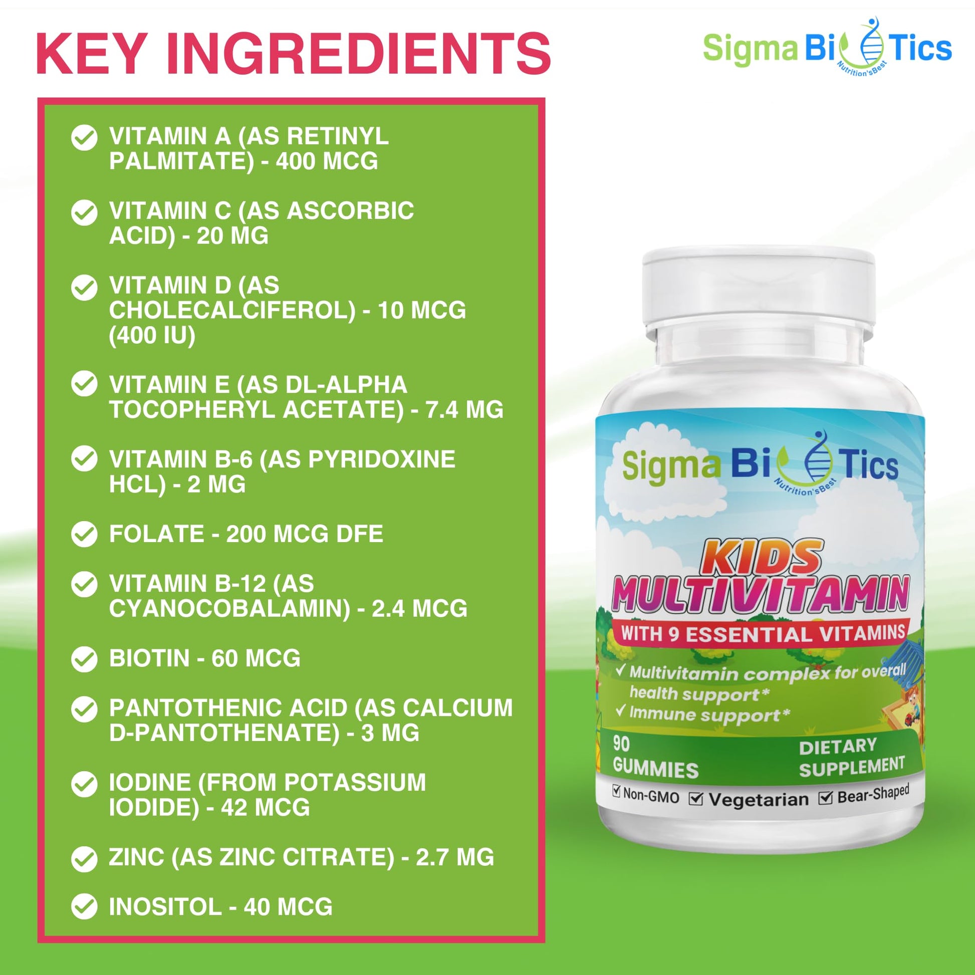 Lista de ingredientes clave gomitas multivitamínicas para niños.