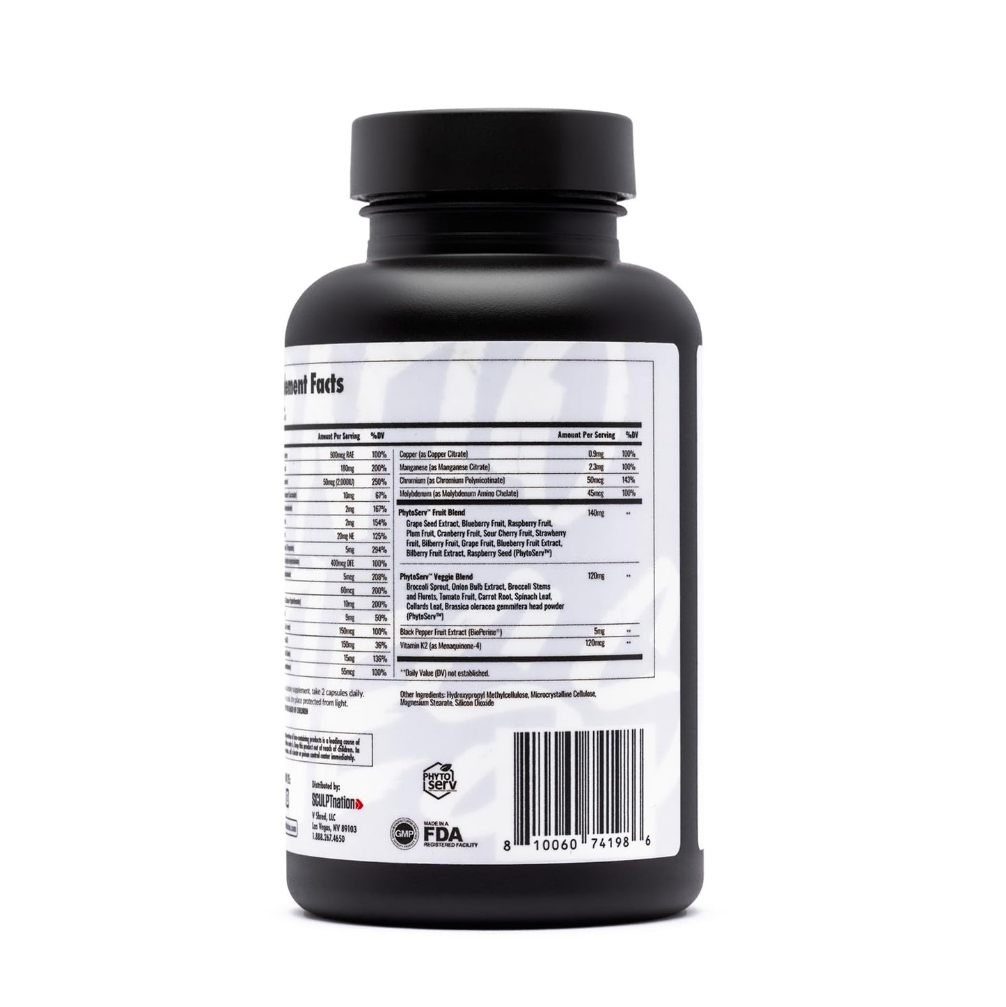 Lista de ingredientes del multivitamínico Sculpt Nation para soporte nutricional.