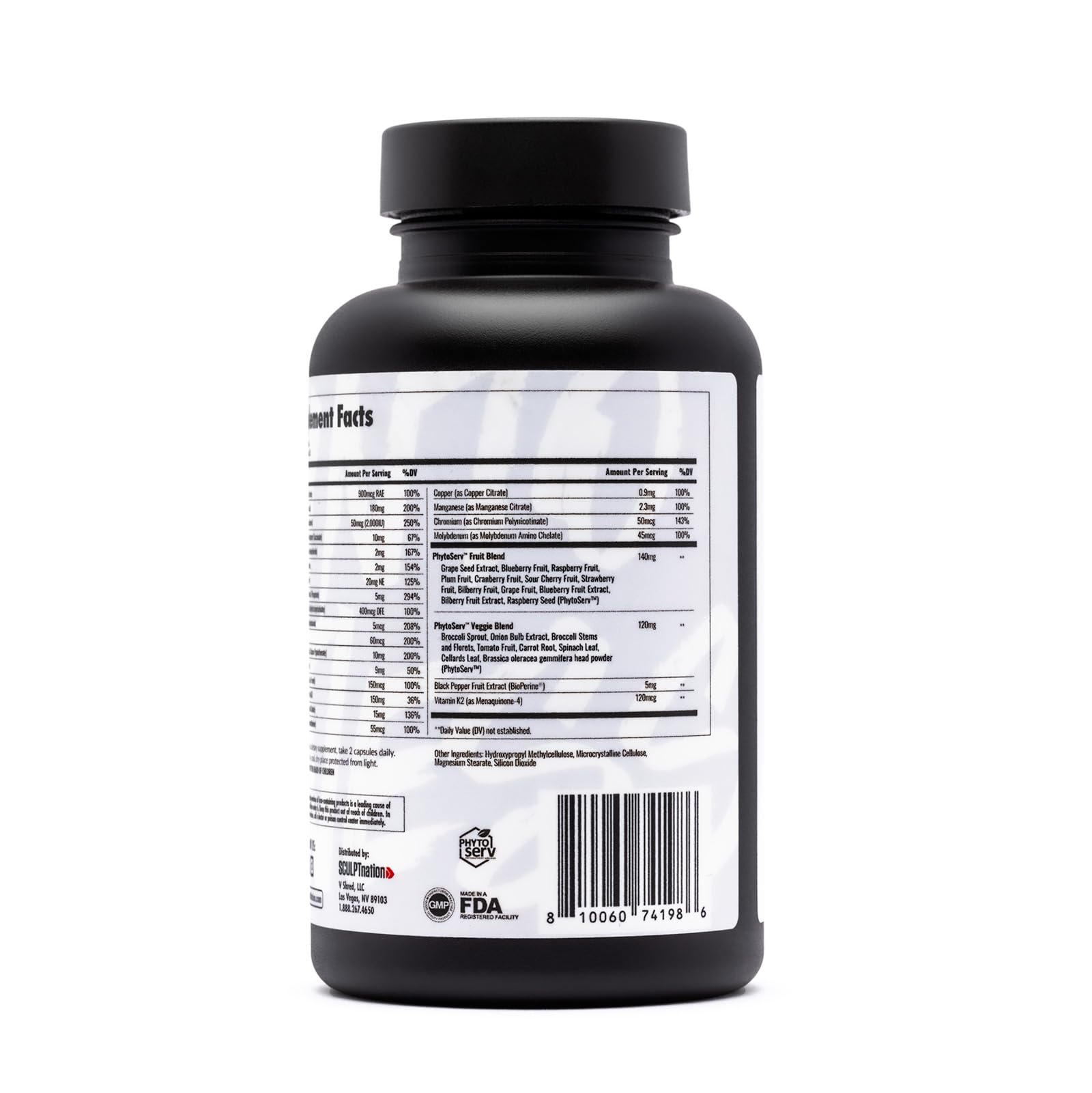 Lista de ingredientes del multivitamínico Sculpt Nation para soporte nutricional.