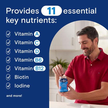 Lista de nutrientes esenciales en gomitas multivitamínicas.
