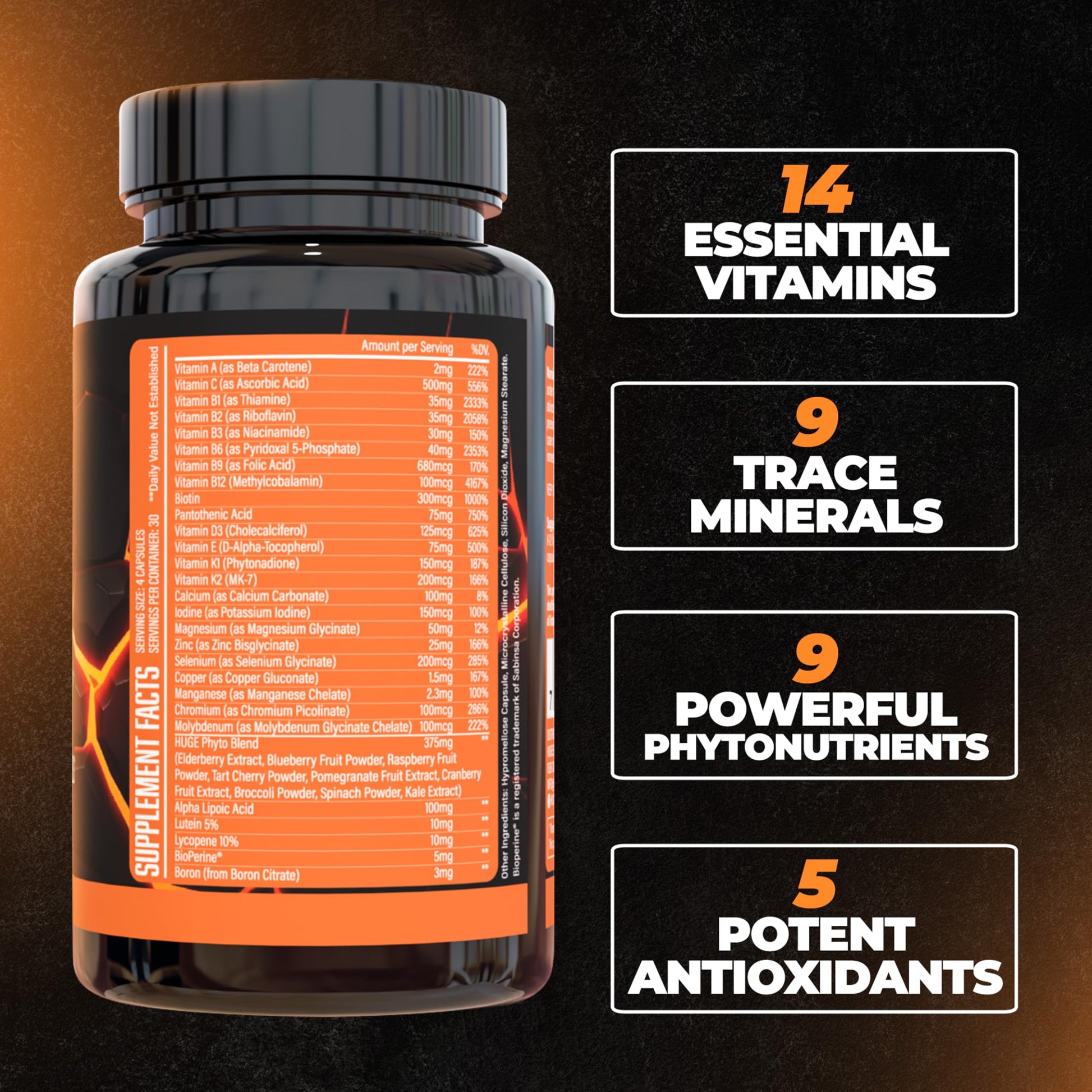Lista de vitaminas en el multivitamínico Huge Multi para hombres