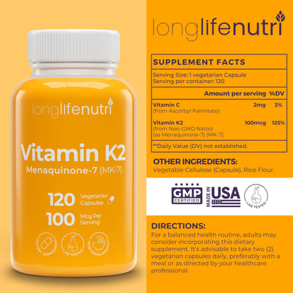 LongLifeNutri suplemento vitamina K2 MK-7 cápsulas vegetales