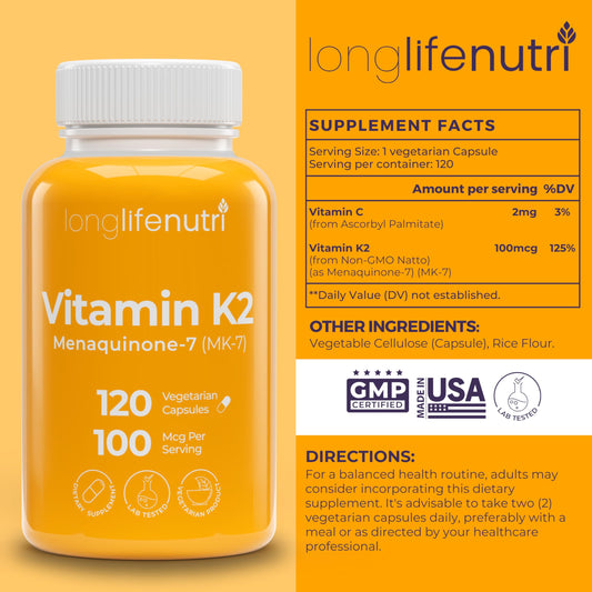 LongLifeNutri suplemento vitamina K2 MK-7 cápsulas vegetales