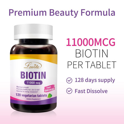 Envase de tabletas Lovita biotina rápida absorción