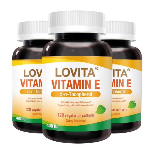 Botella Lovita Vitamina E 400 UI softgels veganas para piel y cabello