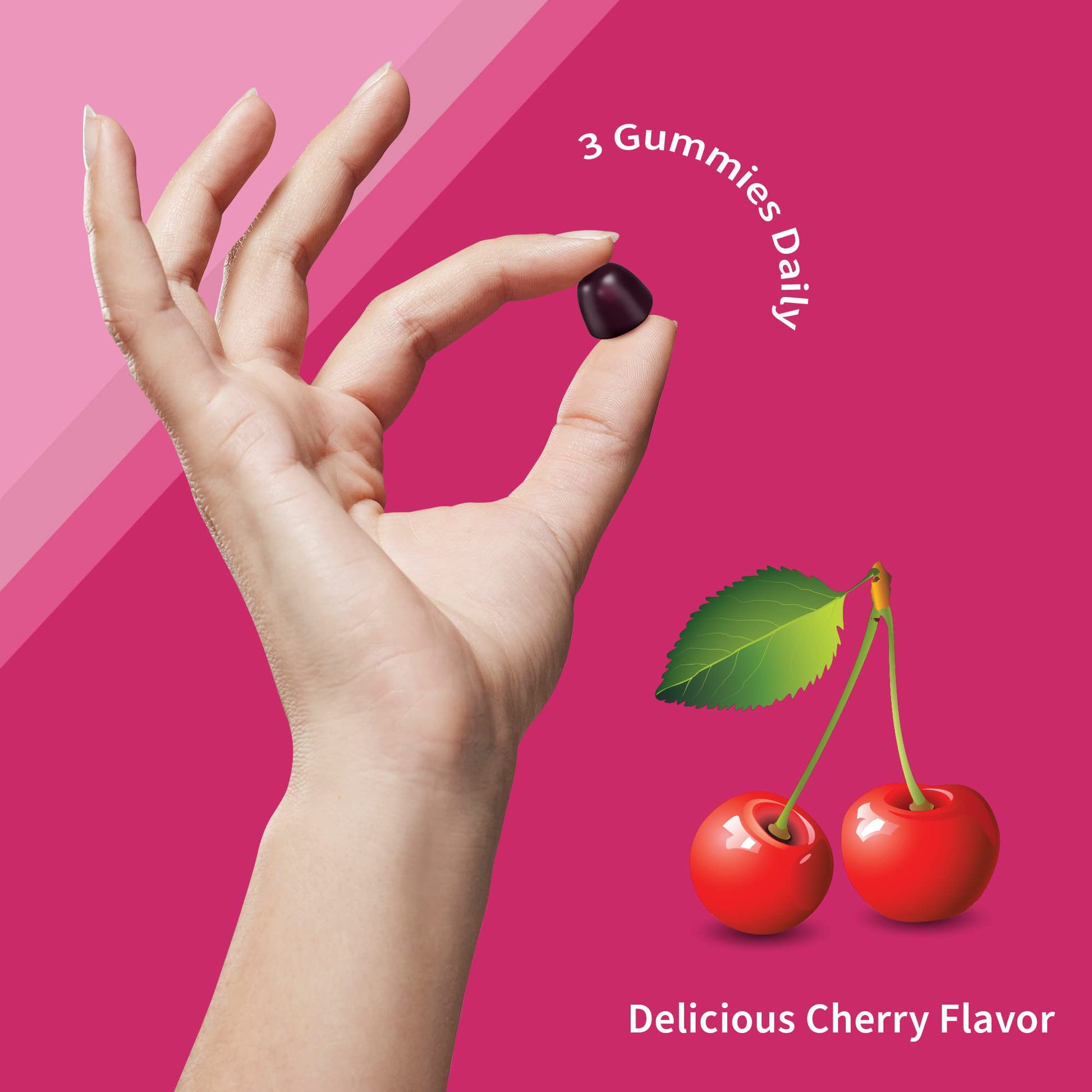 Mano sosteniendo gomita de cereza, con icono de dosis diaria