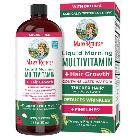 Botella de multivitamínico líquido MaryRuth con Lustriva para crecimiento de cabello.