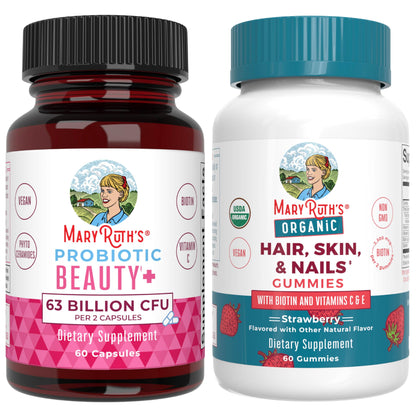 MaryRuth's Probiotic Beauty+ cápsulas y gomitas para cabello y piel en empaque