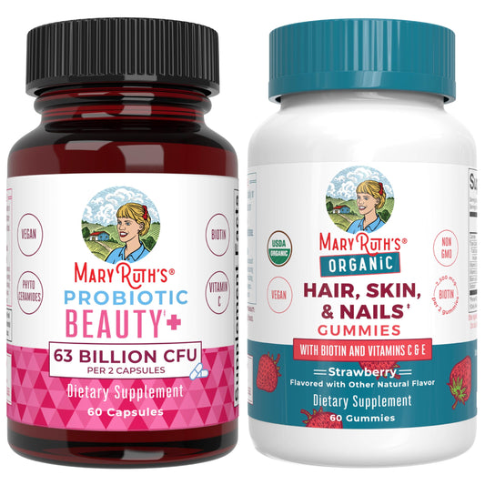 MaryRuth's Probiotic Beauty+ cápsulas y gomitas para cabello y piel en empaque