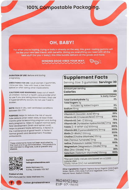 Envase mate & me gummies prenatales para mujeres