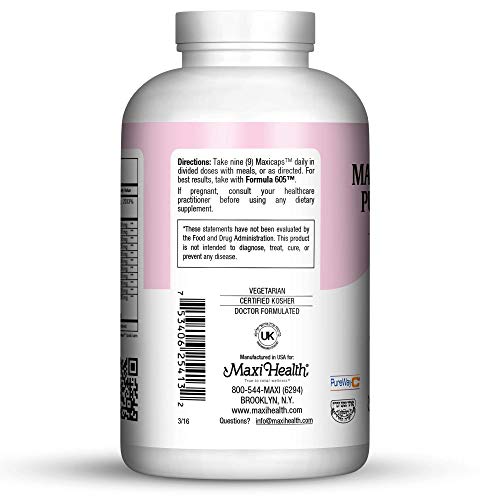 Botella de suplemento Maxi Health con instrucciones y otro lado