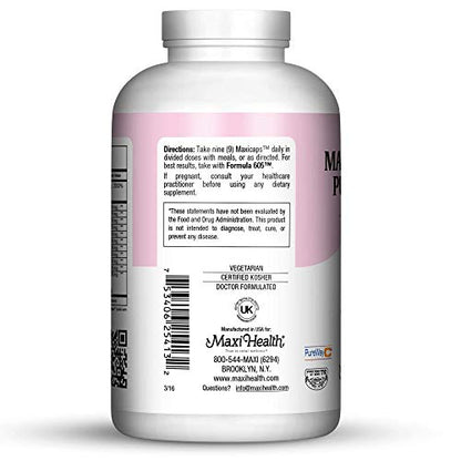 Botella de suplemento Maxi Health con instrucciones y otro lado