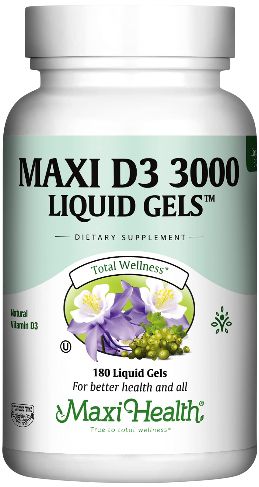 Maxi Health Vitamina D3 3000 UI frasco frontal 180 cápsulas líquidas