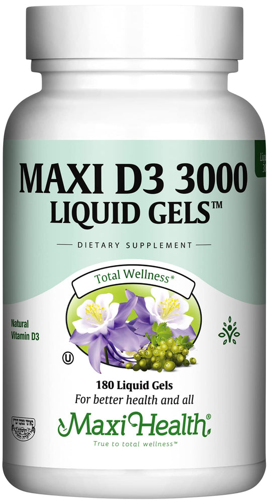 Maxi Health Vitamina D3 3000 UI frasco frontal 180 cápsulas líquidas