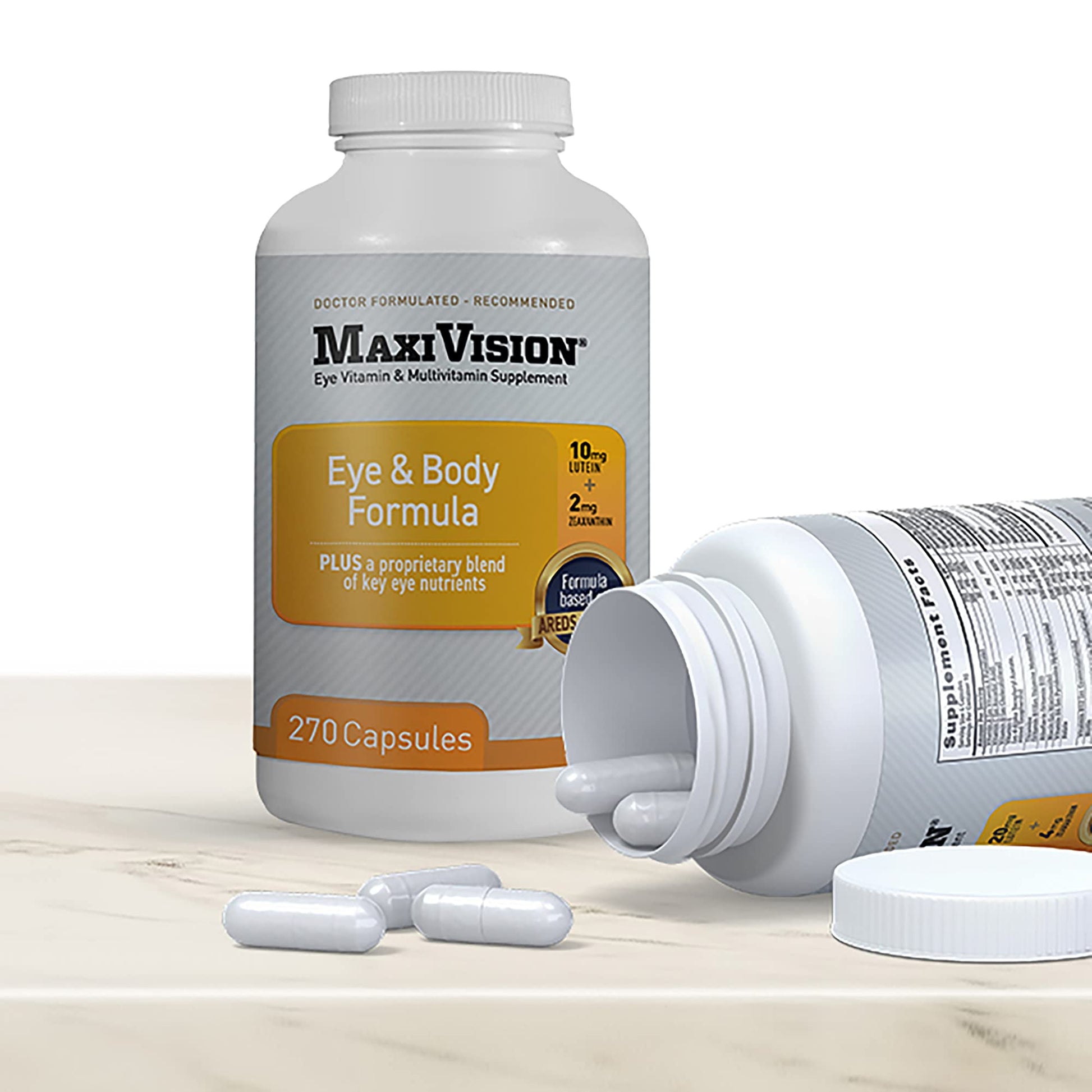 Suplemento MaxiVision fórmula ocular abierta con cápsulas visibles