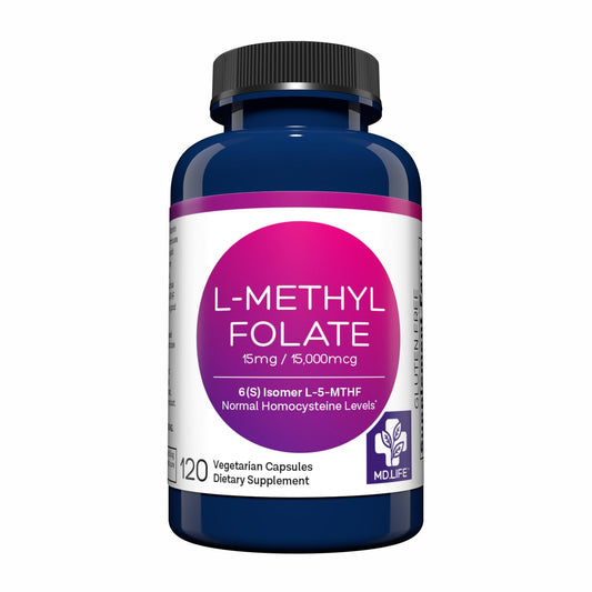 Botella de suplementos MD Life L Metilfolato 15mg con aminoácidos esenciales