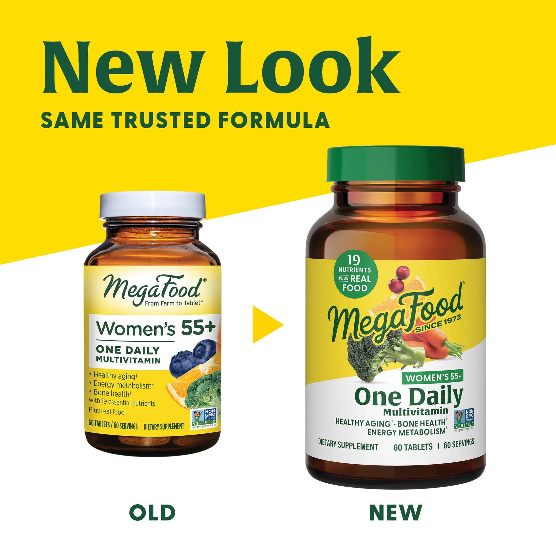 Nuevas y antiguas presentaciones de MegaFood Women's 55+ multivitaminas.