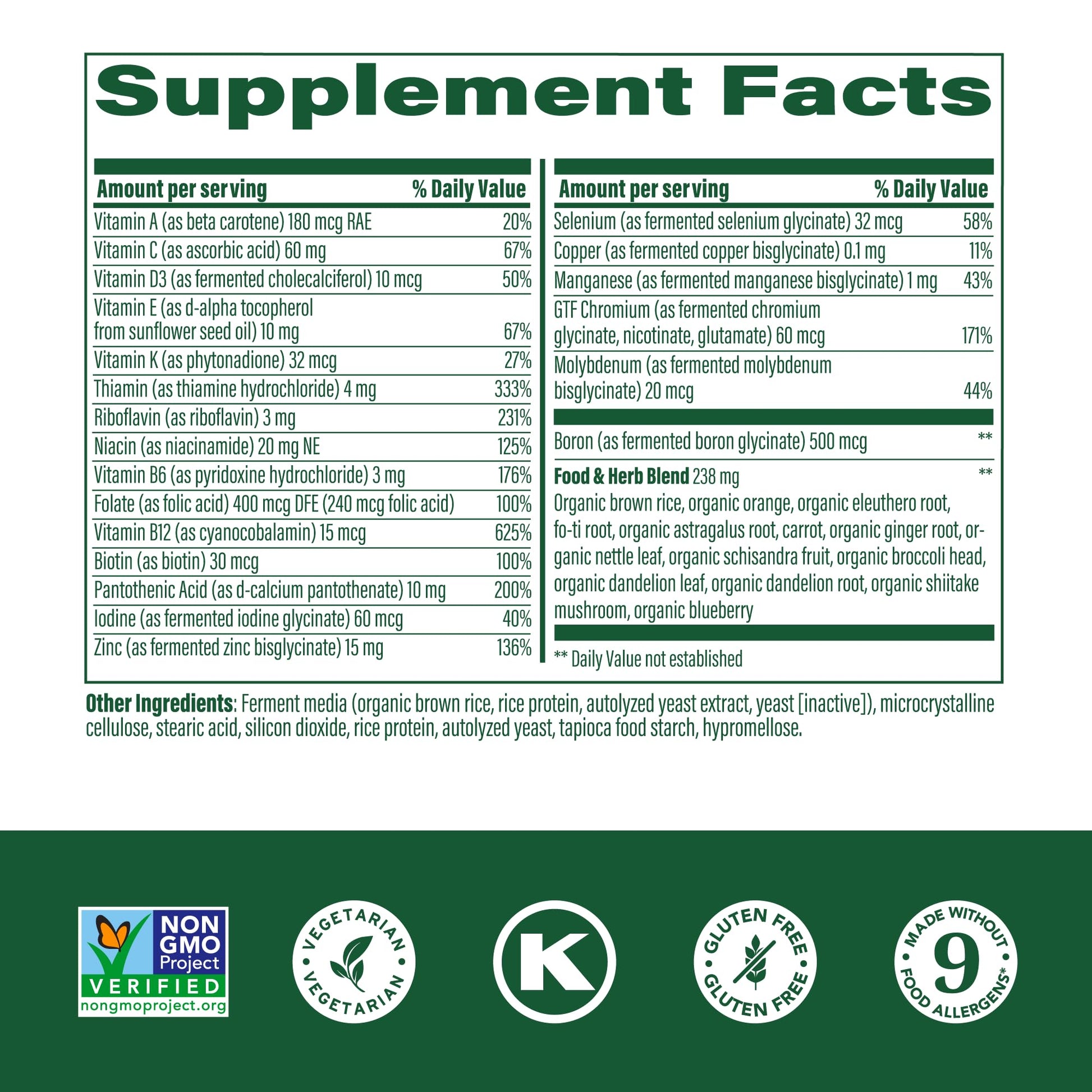 MegaFood tabla nutricional detalles