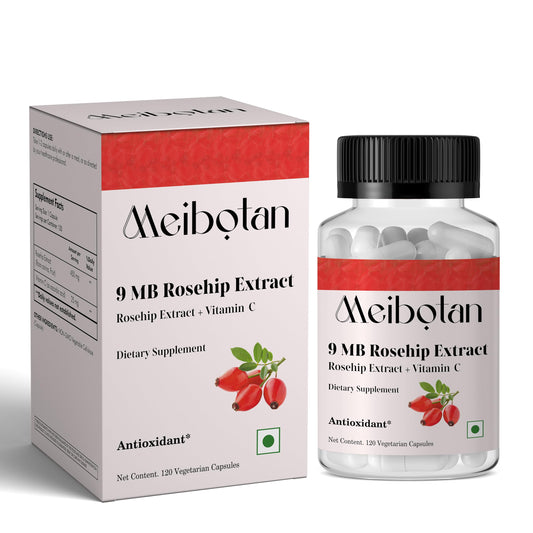 Botella de vitamina c meibotan con rosa mosqueta 120 cápsulas