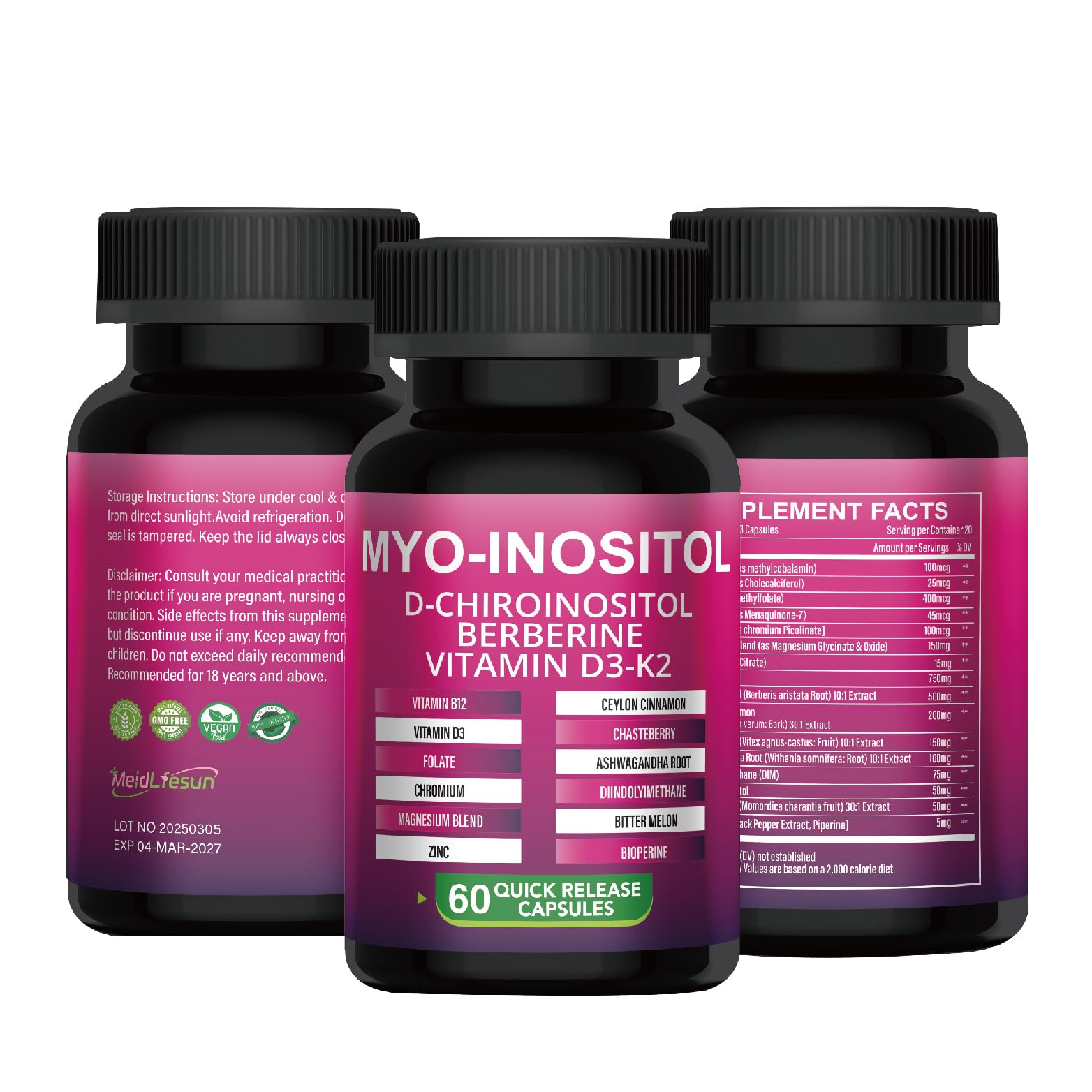 Frasco de suplemento Meidlfesun Myo-D-Chiro Inositol 15:1