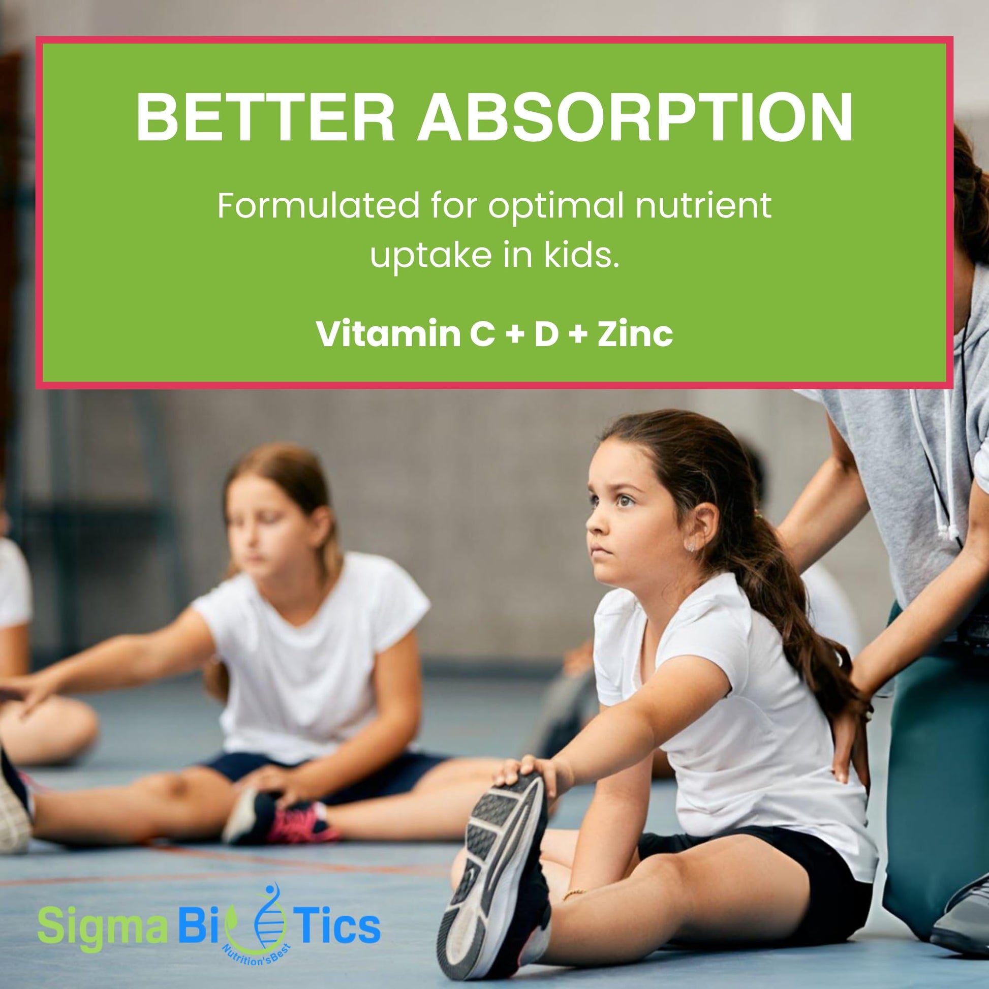 Mejora de absorción con vitaminas C, D y zinc para niños.