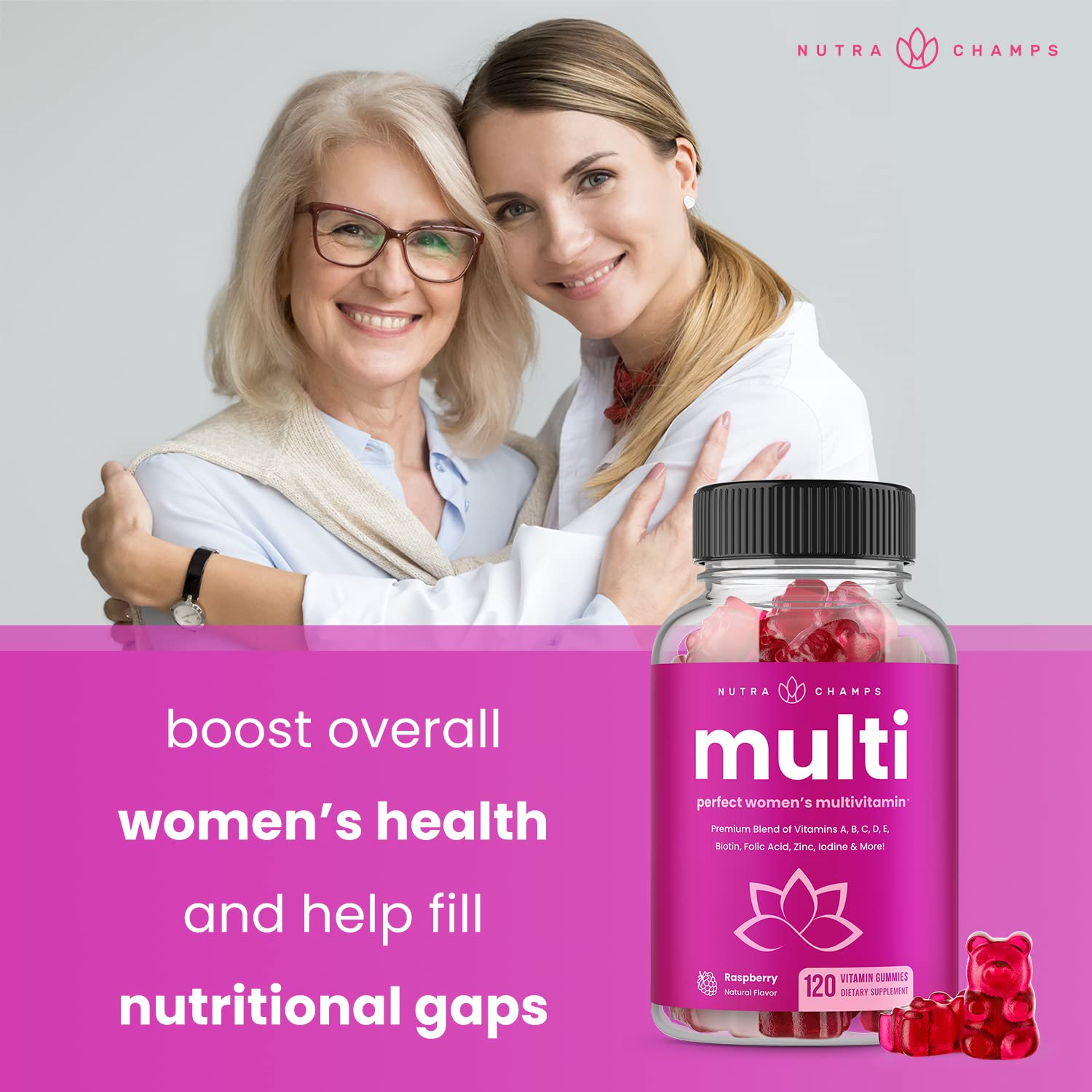 Gomitas de multivitaminas para mejorar la salud de la mujer.