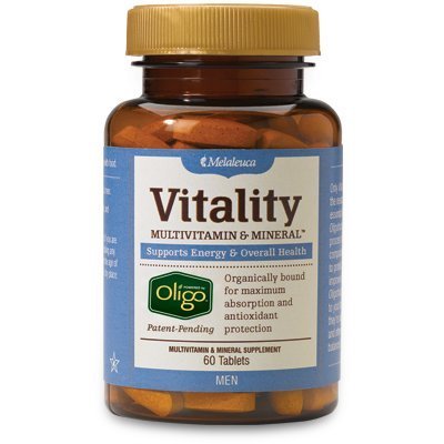 Botella de suplemento multivitamínico Melaleuca Vitality para hombres