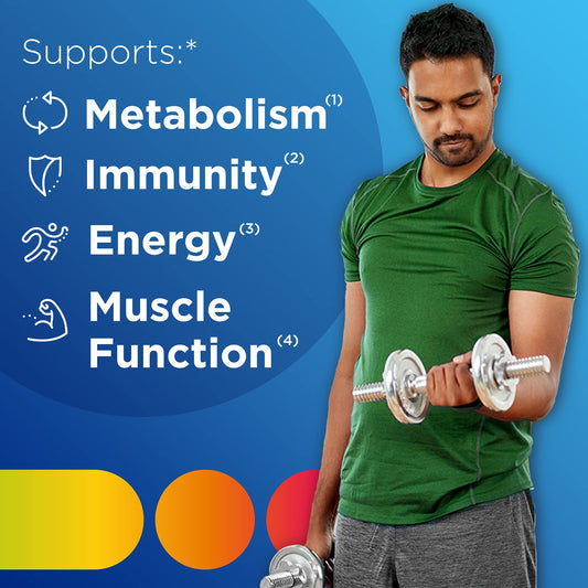Suplemento para metabolismo e inmunidad, hombre levantando pesas.