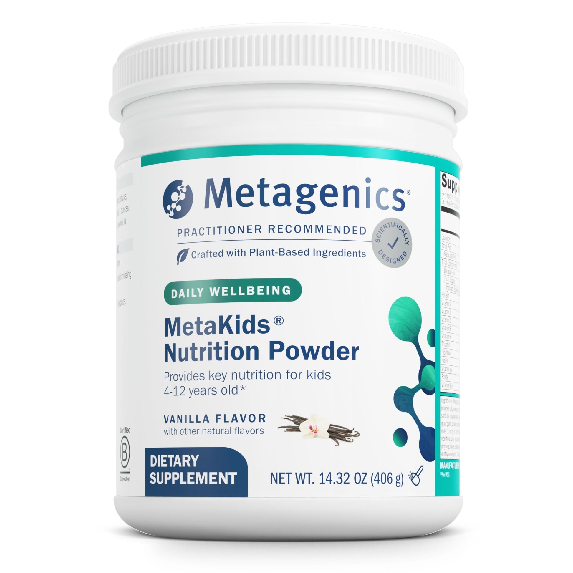 Envase de polvo nutricional MetaKids de vainilla para niños