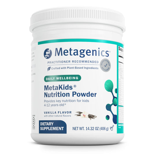 Envase de polvo nutricional MetaKids de vainilla para niños