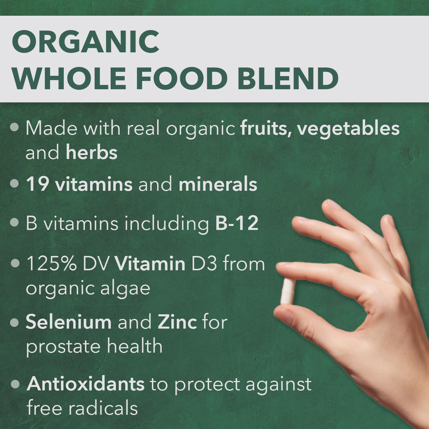 Mezcla de alimentos integrales orgánicos con 19 vitaminas.
