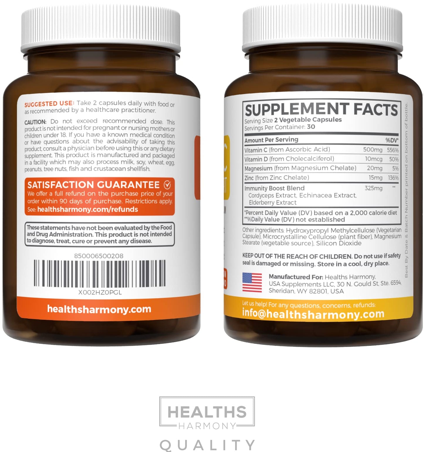 Mezcla de saúco y vitaminas en cápsulas para inmunidad diaria Healths Harmony